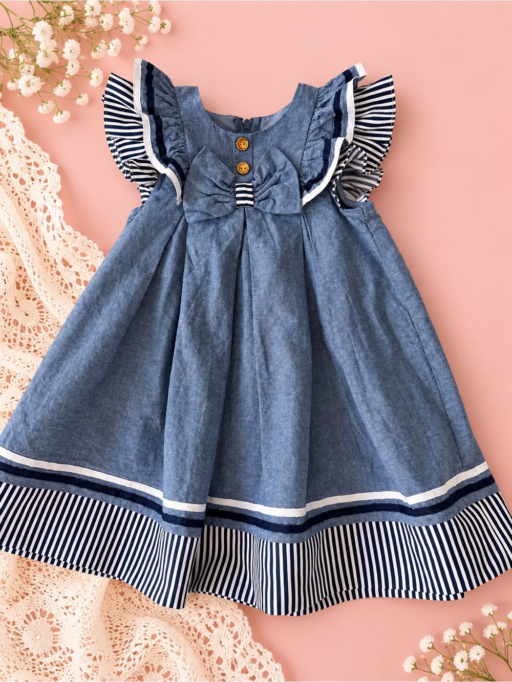 Bonnie Jean Blue Denim-Style Dress with Navy & White Stripes